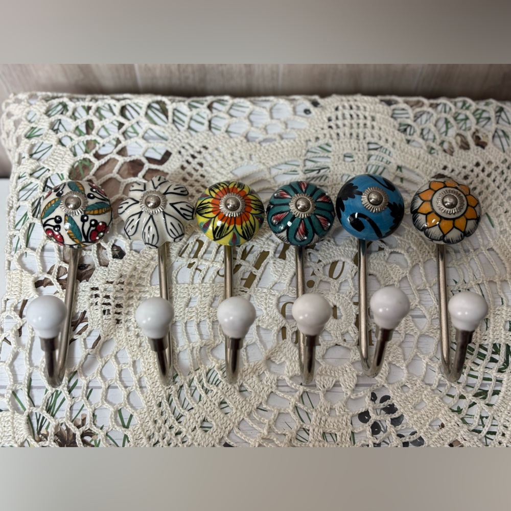 Colorful Hand Painted Ceramic Metal Wall Hook Set